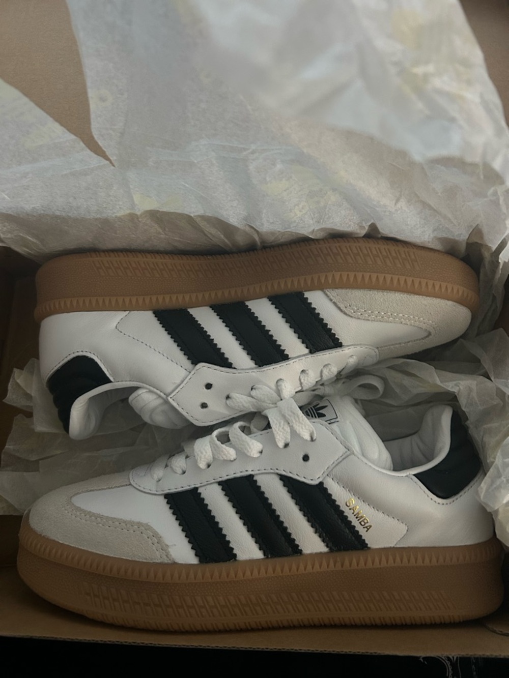 Adidas White Sneakers with Black Stripes and Gum Sole